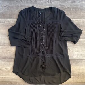 The Kooples Black Sheer Pleated Lace Up Blouse